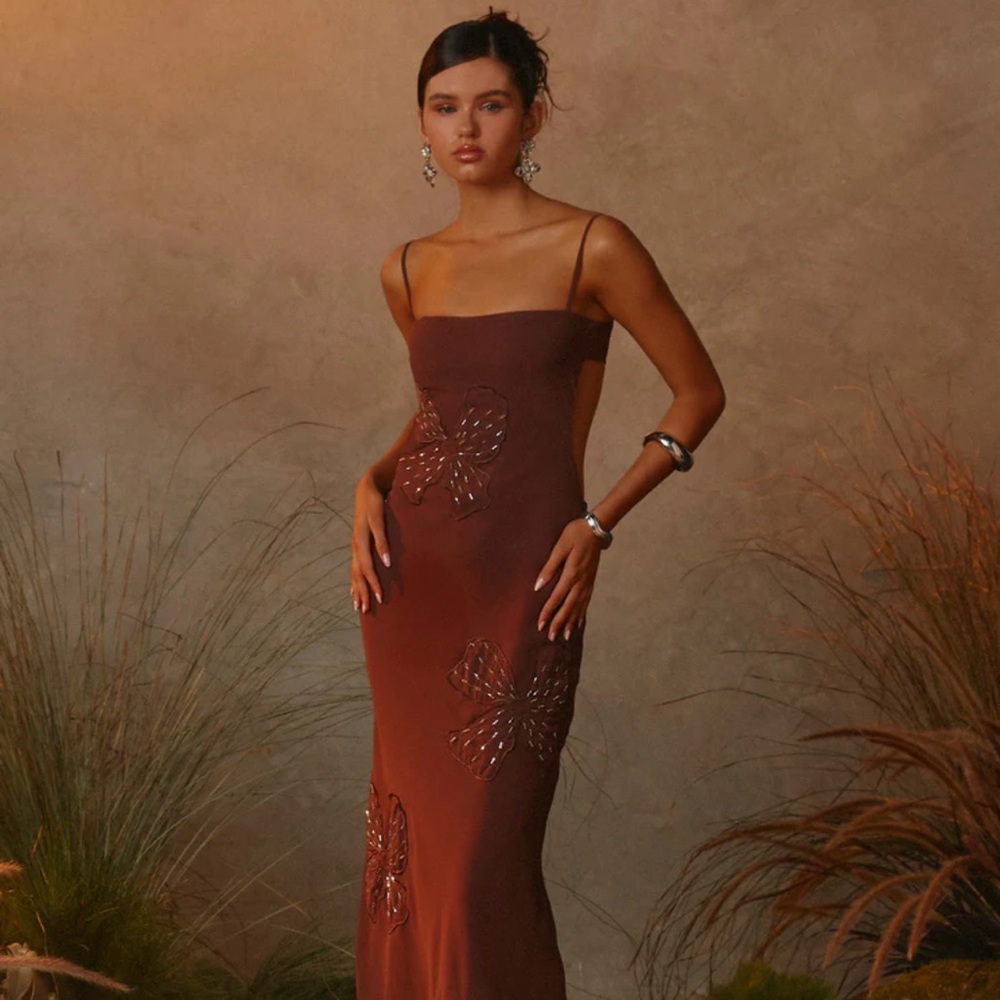 Peppermayo Bayla Beaded Flower Maxi Dress - Chocolate